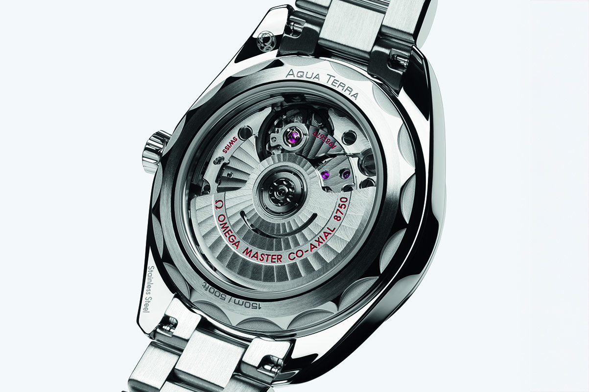 The 8750 calibre is visible through the back of the Aqua Terra 30 mm.