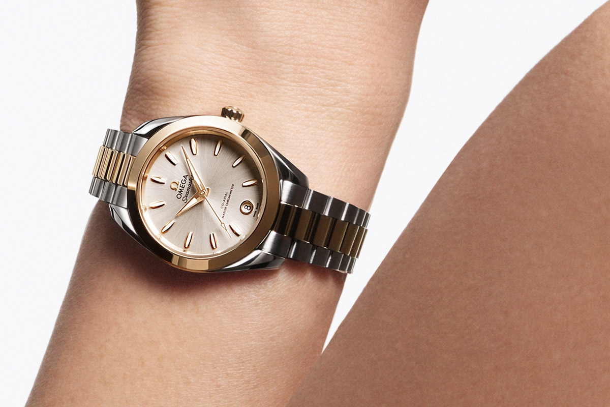 The 30 mm Aqua Terra in steel and gold on the wrist.